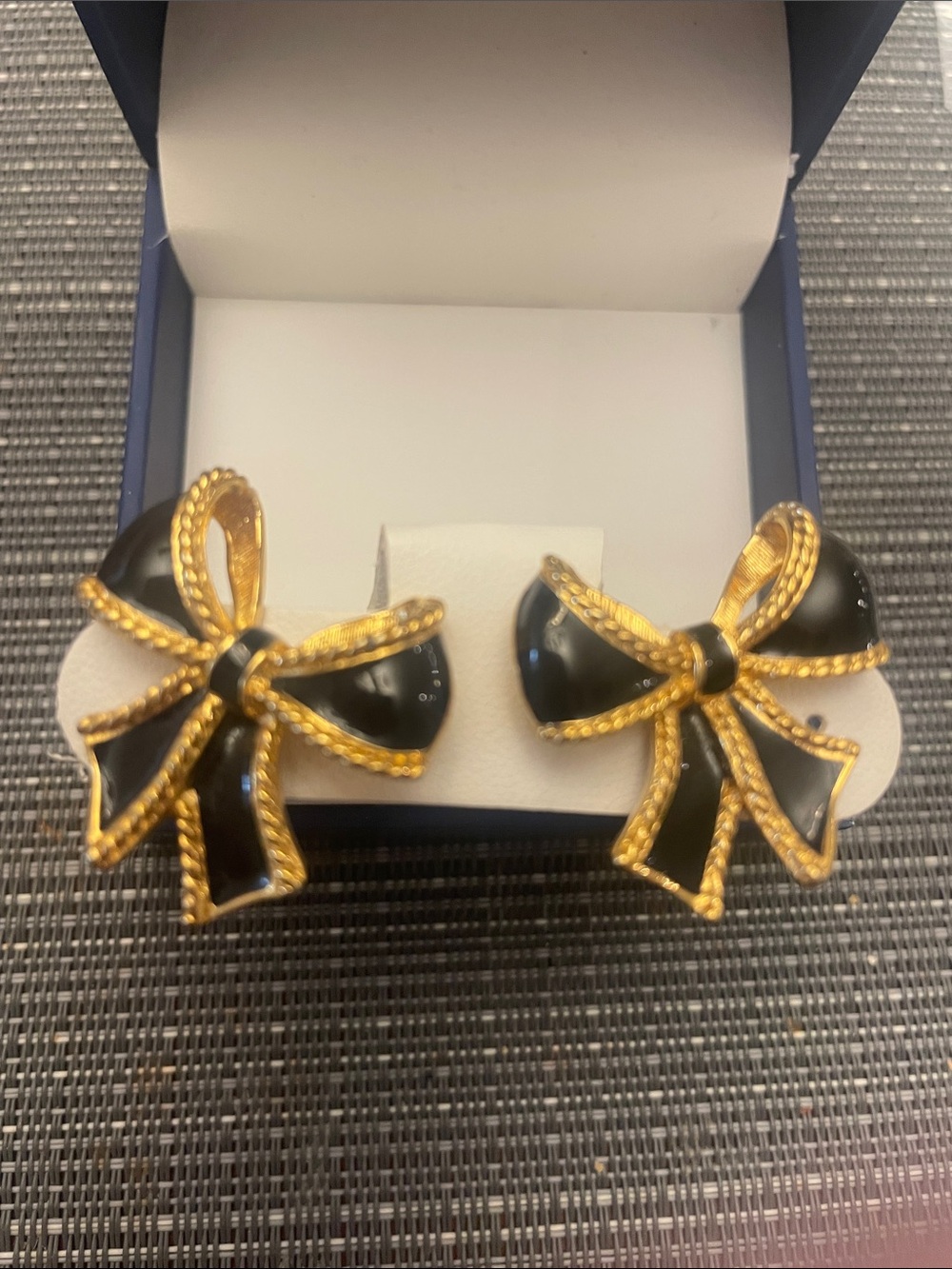 Vintage Kenneth Jay Lane Black Enamel and Gold Bow Clip-On Earrings